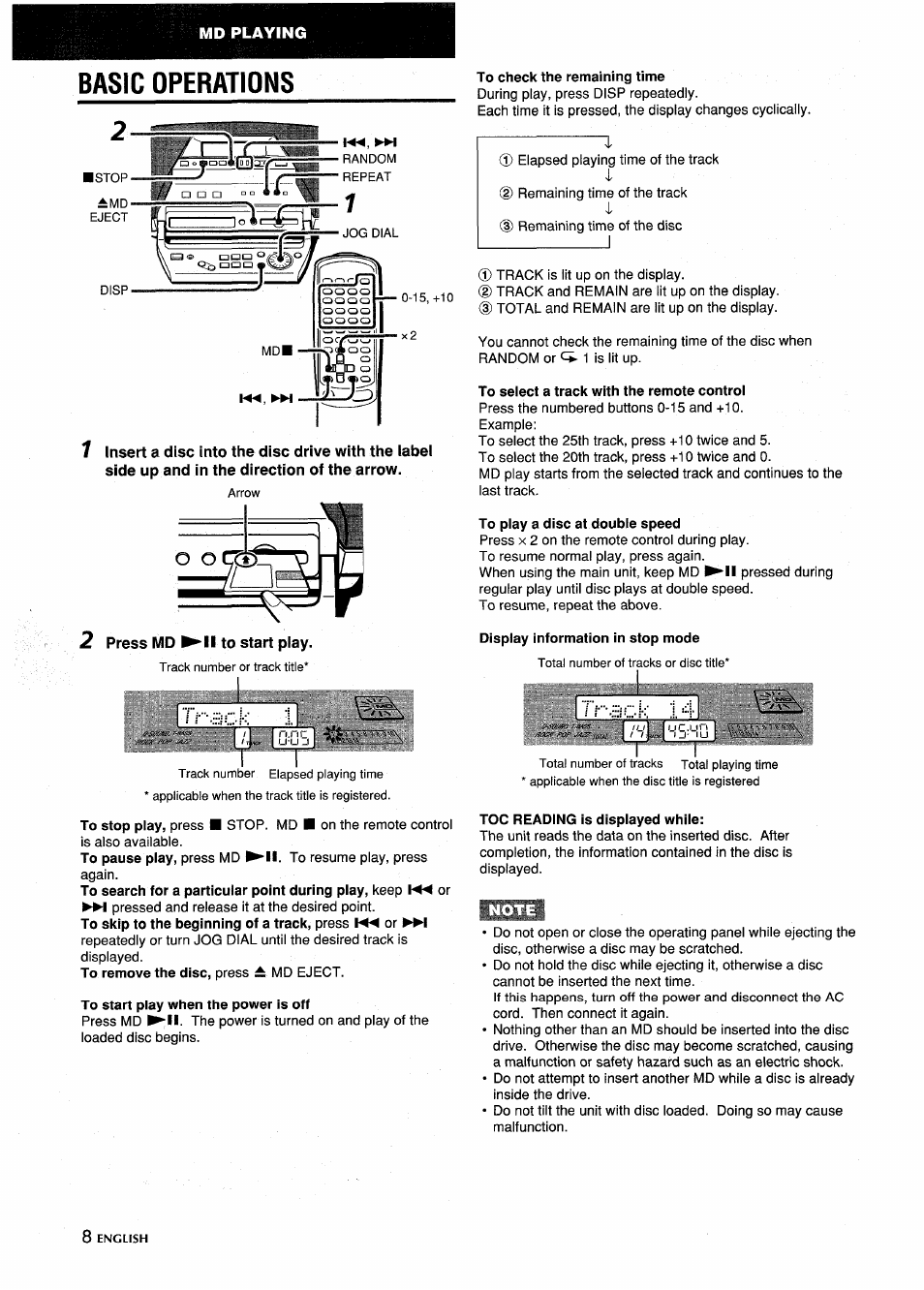 2 press md ^11 to start piay, To start play when the power is off, To check the remaining time | To select a track with the remote control, To play a disc at double speed, Display information in stop mode, Toc reading is displayed while, Basic operations, Ti-acji, 5,'t | Aiwa CSD-MD5 User Manual | Page 8 / 80