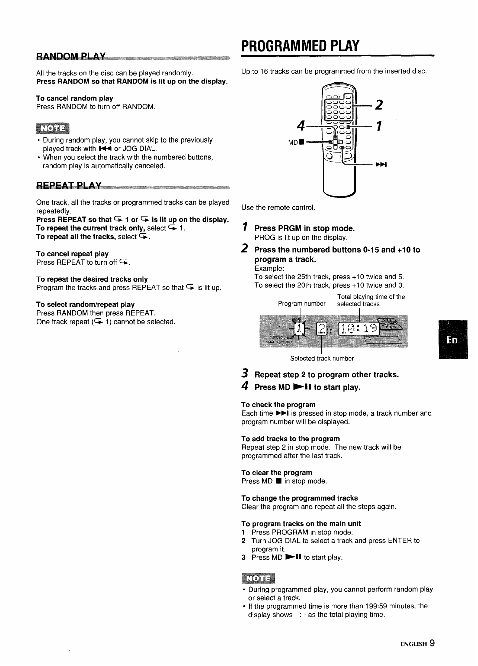 Programmed play, To cancel random play, To cancel repeat play | To repeat the desired tracks only, To select random/repeat play, 1 press prgm in stop mode, To check the program, To add tracks to the program, To clear the program, To change the programmed tracks | Aiwa CSD-MD5 User Manual | Page 9 / 80