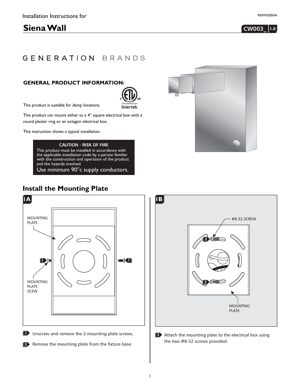 LBL Lighting Siena User Manual | 2 pages