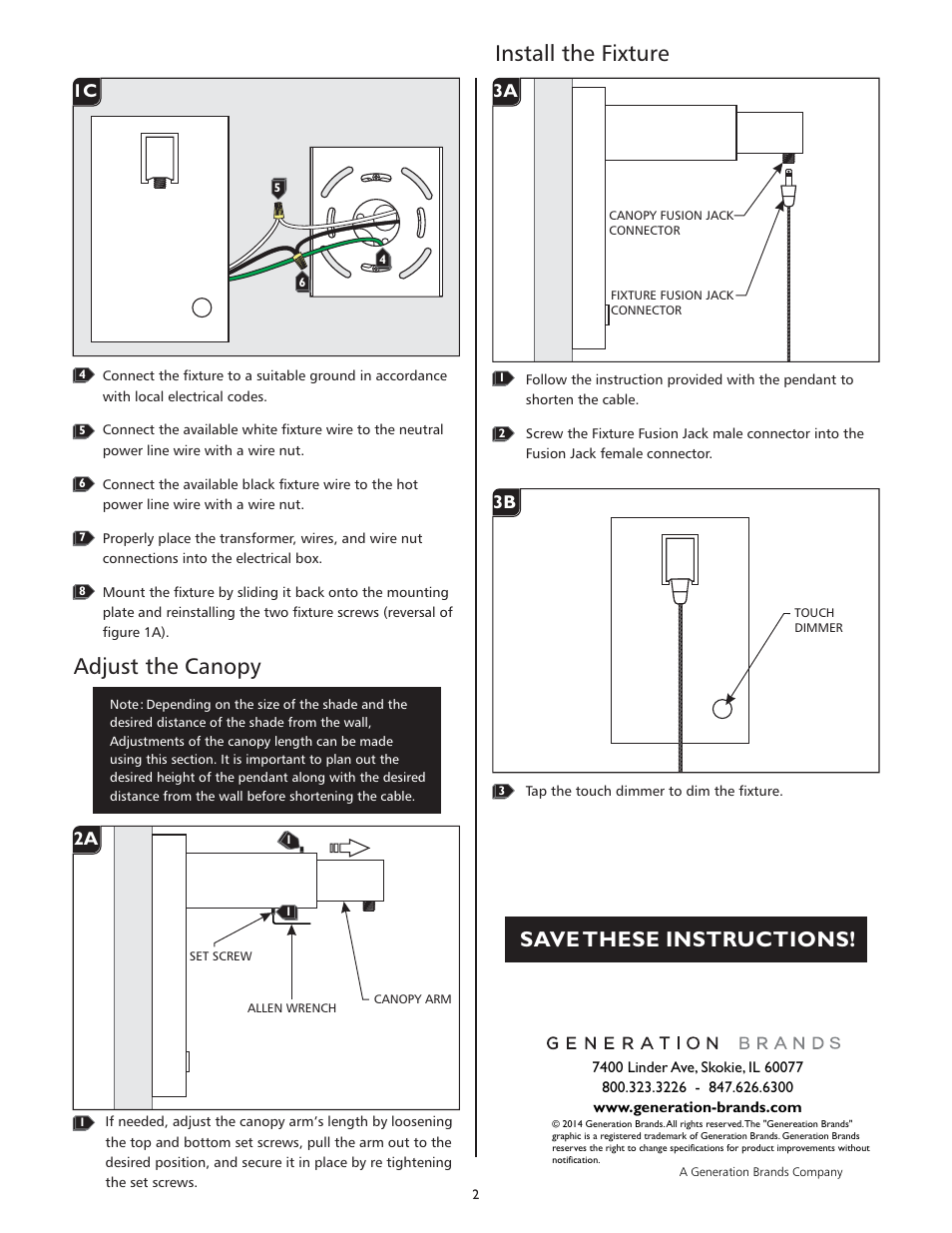 Adjust the canopy, Install the fixture, Save these instructions | 1a 1c, 1a 2a, 1a 3a 1a 3b | LBL Lighting Siena User Manual | Page 2 / 2
