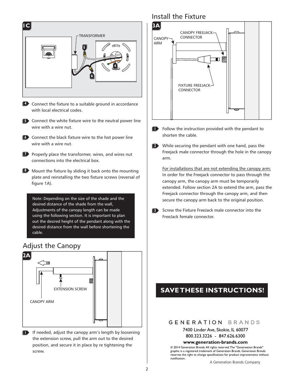 Adjust the canopy, Install the fixture, Save these instructions | 1a 1c, 1a 2a, 1a 3a | LBL Lighting Ensu LED User Manual | Page 2 / 2