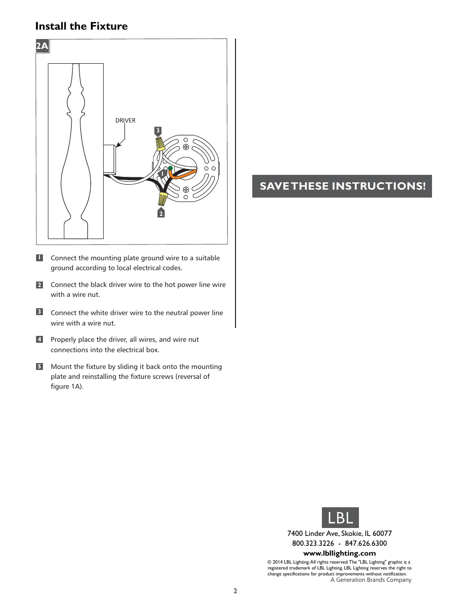 Install the fixture, Save these instructions | LBL Lighting Hanna User Manual | Page 2 / 2