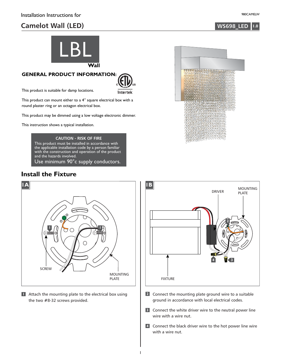 LBL Lighting Camelot User Manual | 2 pages