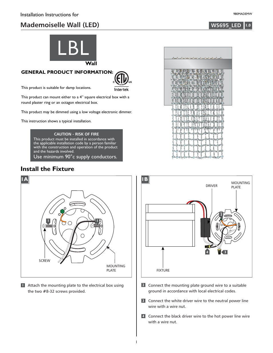 LBL Lighting Mademoiselle User Manual | 2 pages