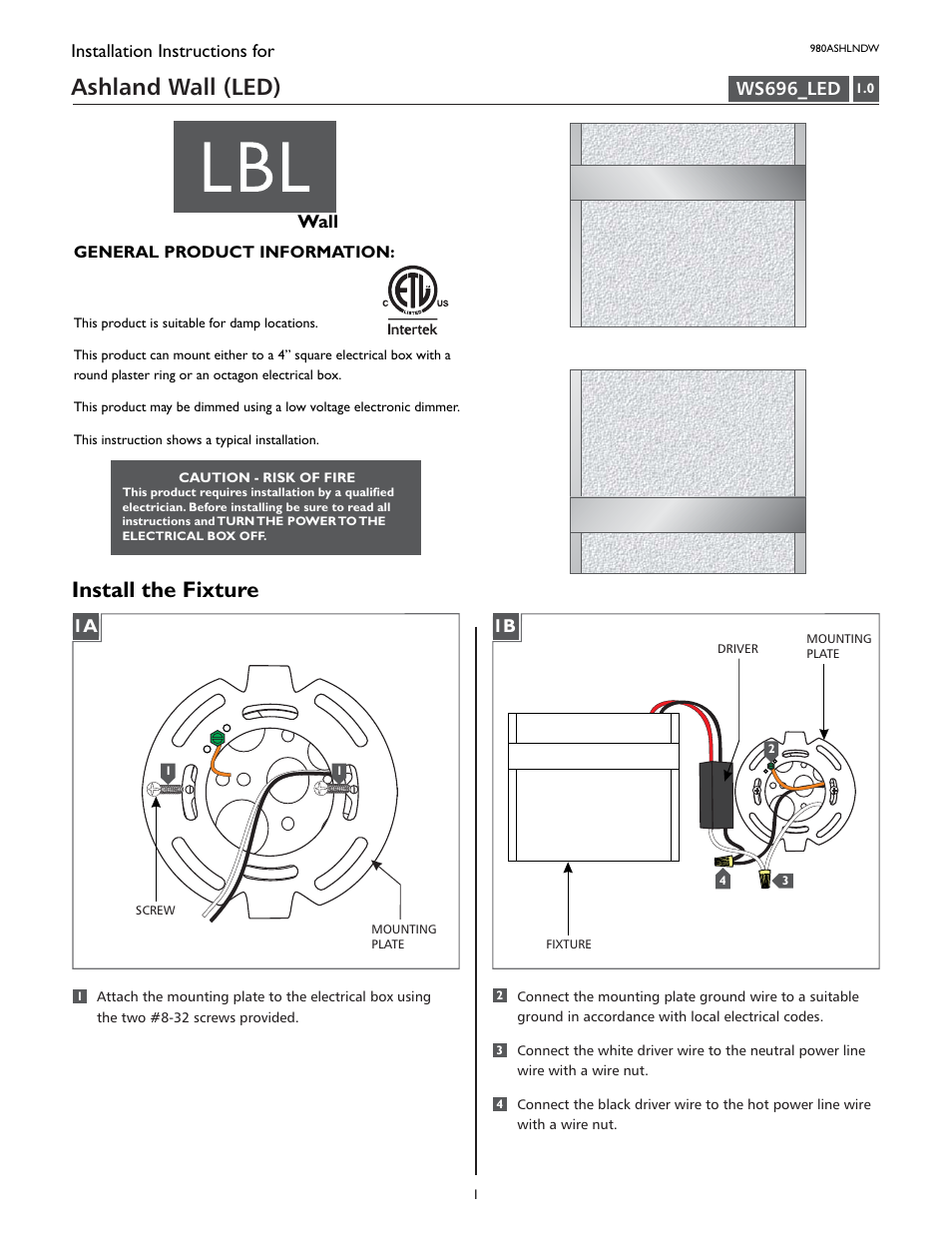 LBL Lighting Ashland User Manual | 2 pages