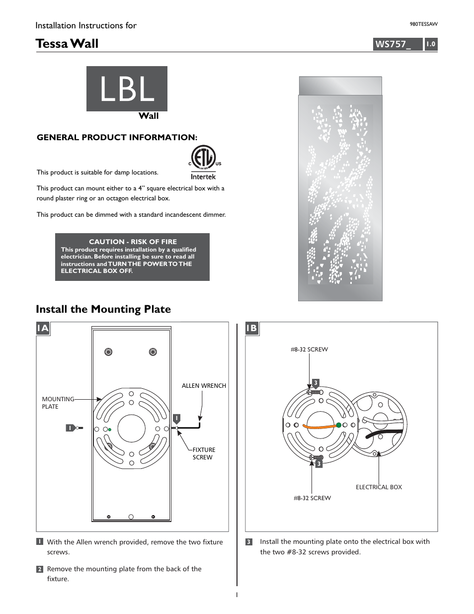 LBL Lighting Tessa User Manual | 2 pages