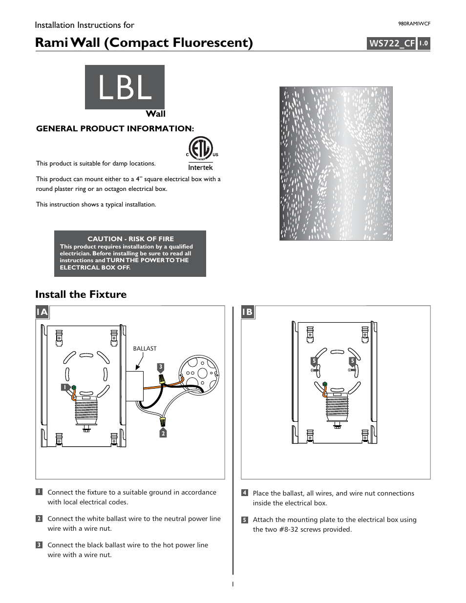 LBL Lighting Rami  W CF User Manual | 2 pages