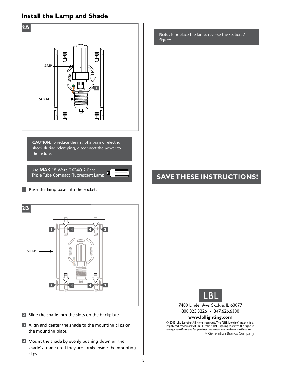 Install the lamp and shade, Save these instructions | LBL Lighting Rami  W CF User Manual | Page 2 / 2