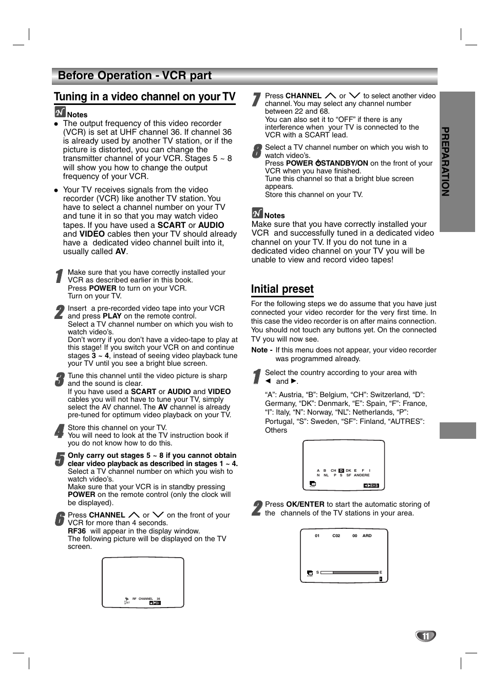 I notes, Initial preset | Aiwa HV-DH1EH User Manual | Page 11 / 37