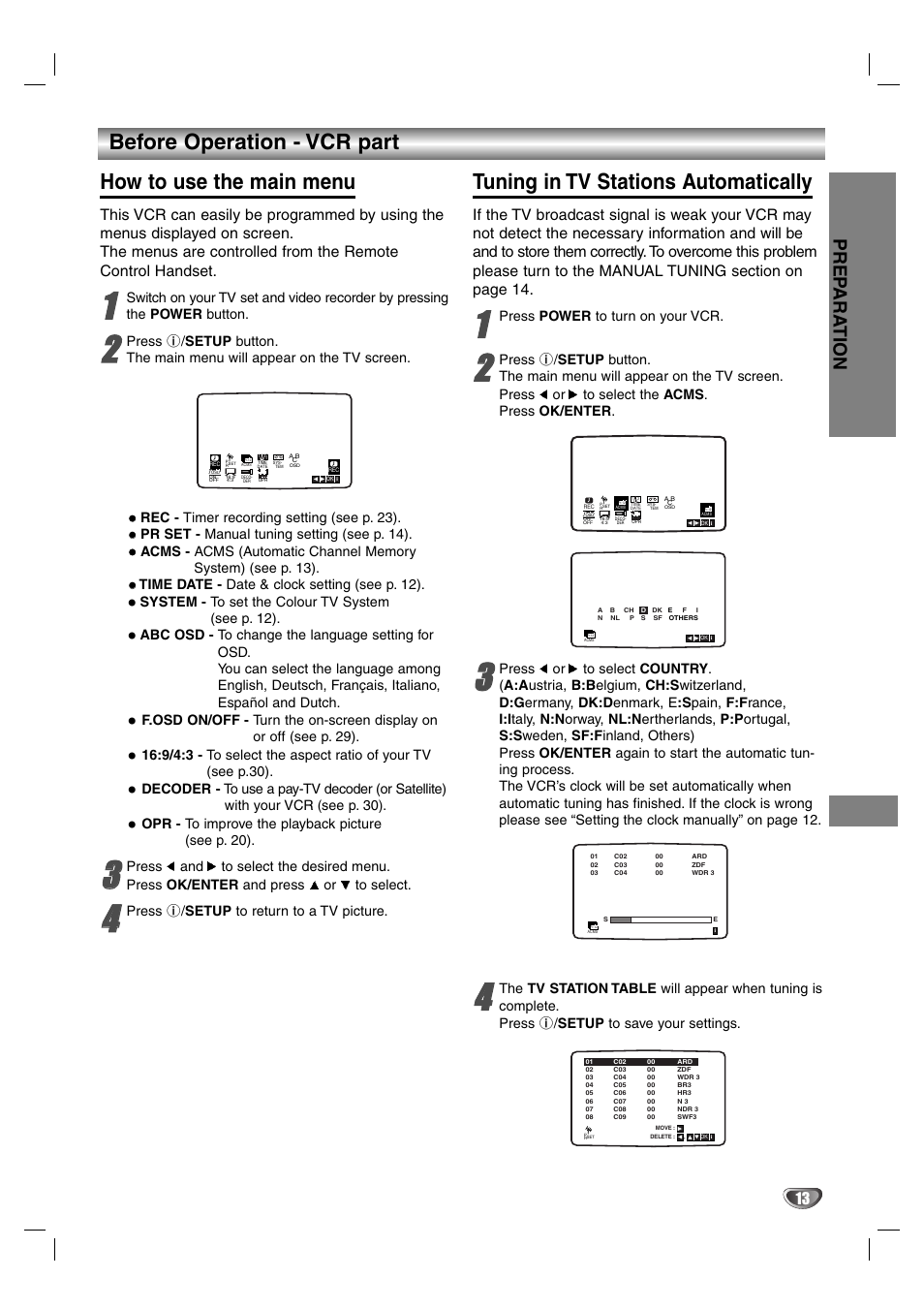 Tuning in tv stations automatically | Aiwa HV-DH1EH User Manual | Page 13 / 37