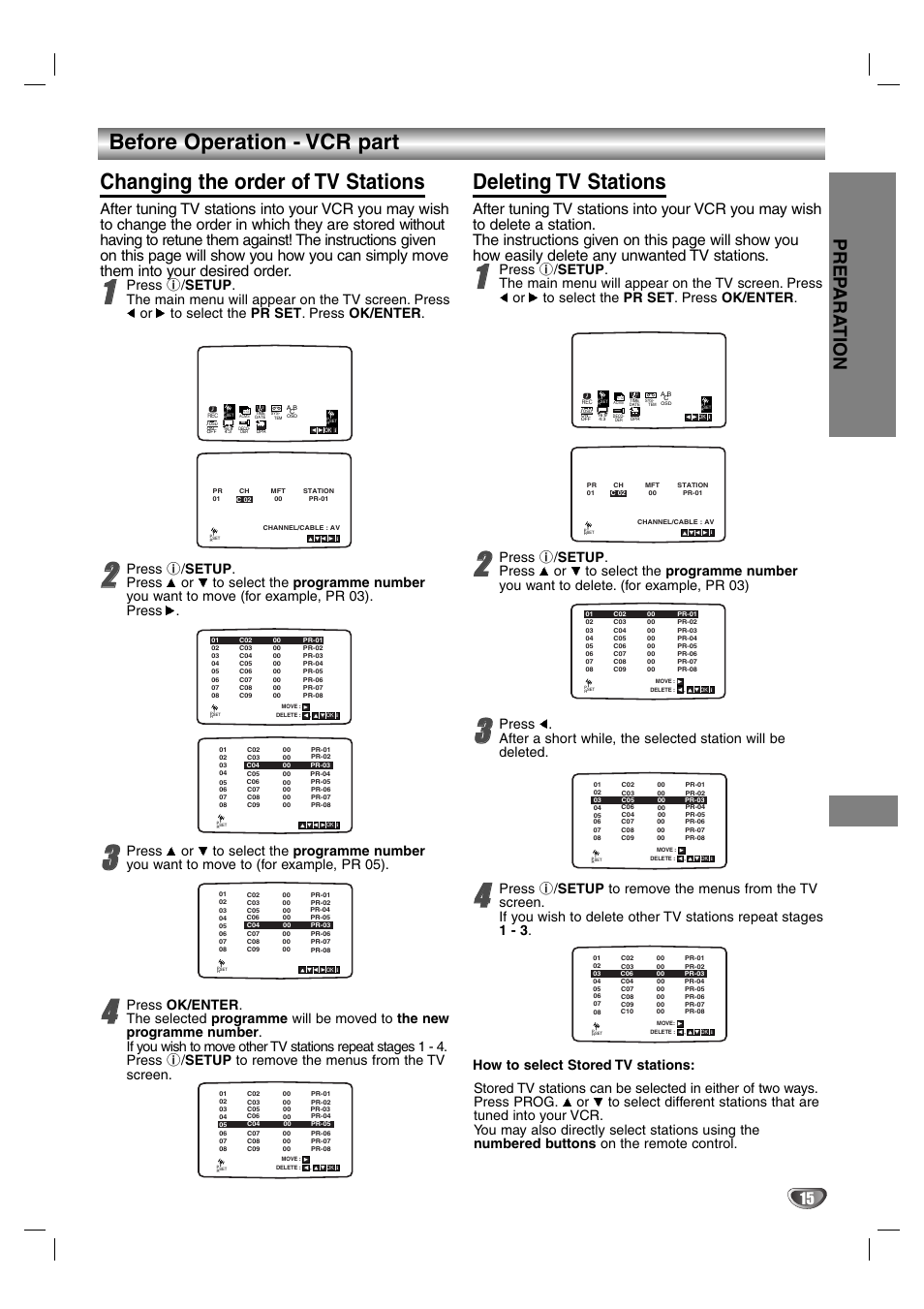 Deleting tv stations, How to select stored tv stations, 7cs g qp | Setup, Pr set, Ok/enter, Programme number, Stations, Programme, The new programme number | Aiwa HV-DH1EH User Manual | Page 15 / 37