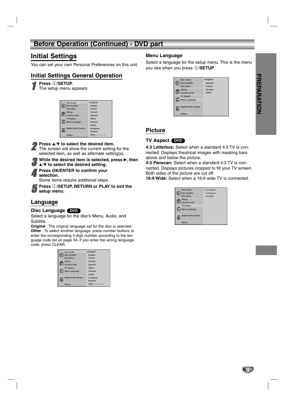 Initial settings, Initial settings general operation, Press to select the desired item | Language, Picture, Initial settings -19 | Aiwa HV-DH1EH User Manual | Page 17 / 37