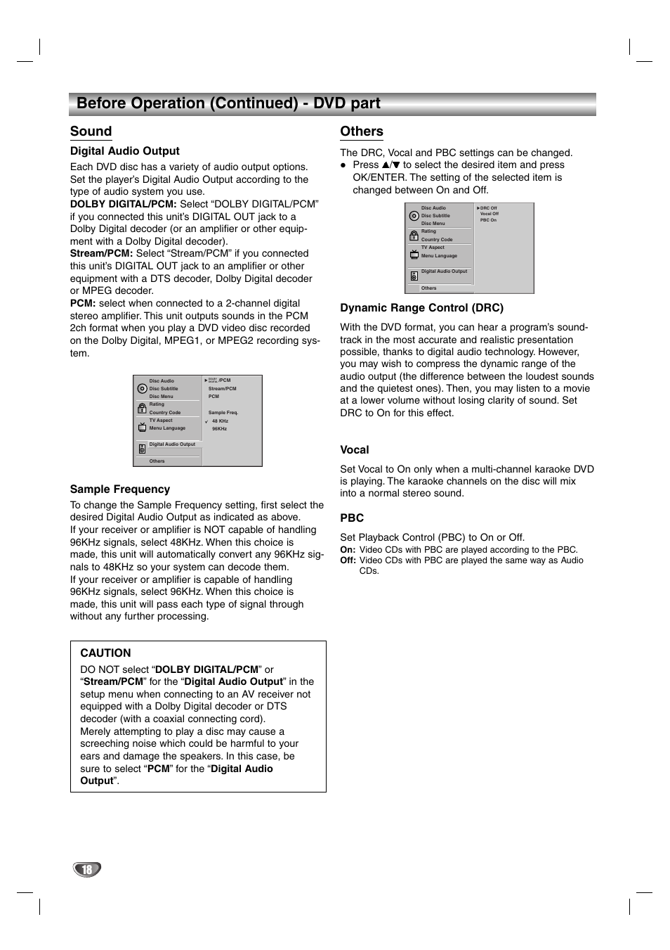 Sound, Others, Before operation (continued) - dvd part | Aiwa HV-DH1EH User Manual | Page 18 / 37