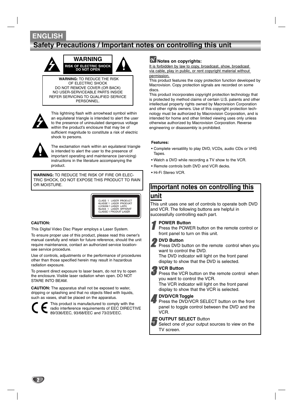 English, Important notes on controlling this unit, Power button | Dvd button | Aiwa HV-DH1EH User Manual | Page 2 / 37