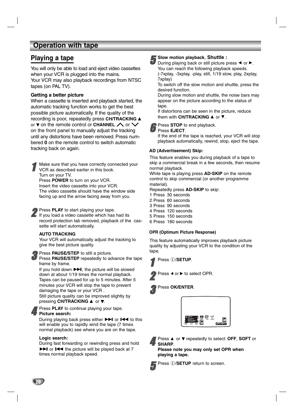 Operation with tape playing a tape | Aiwa HV-DH1EH User Manual | Page 20 / 37