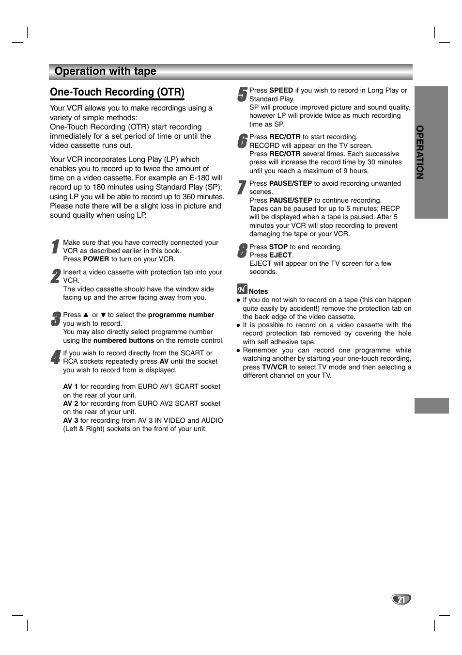 Operation with tape one-touch recording (otr), Notes | Aiwa HV-DH1EH User Manual | Page 21 / 37