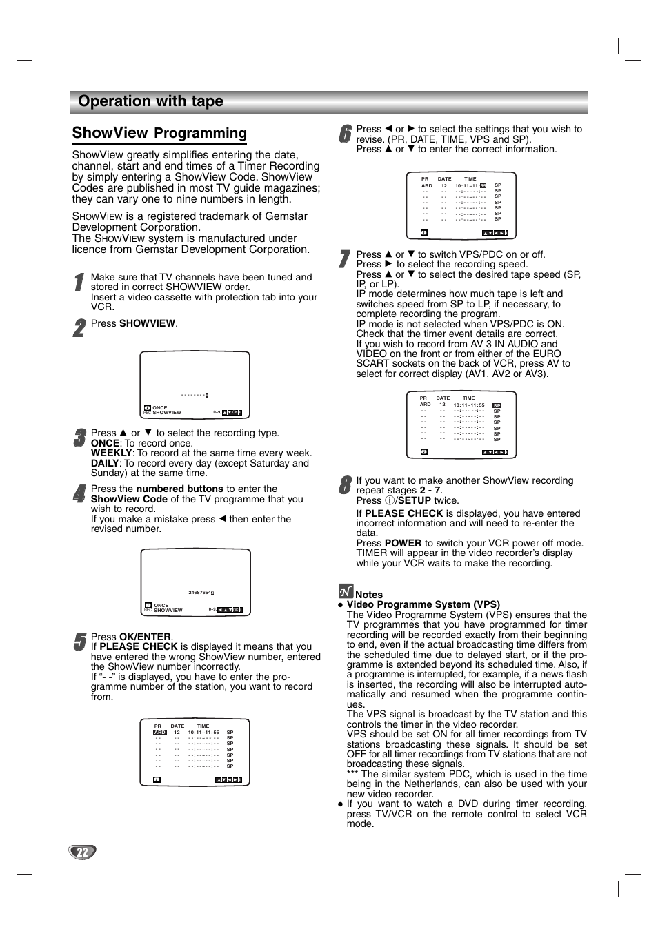 Showview programming, 9 notes, Operation with tape showview programming | Aiwa HV-DH1EH User Manual | Page 22 / 37