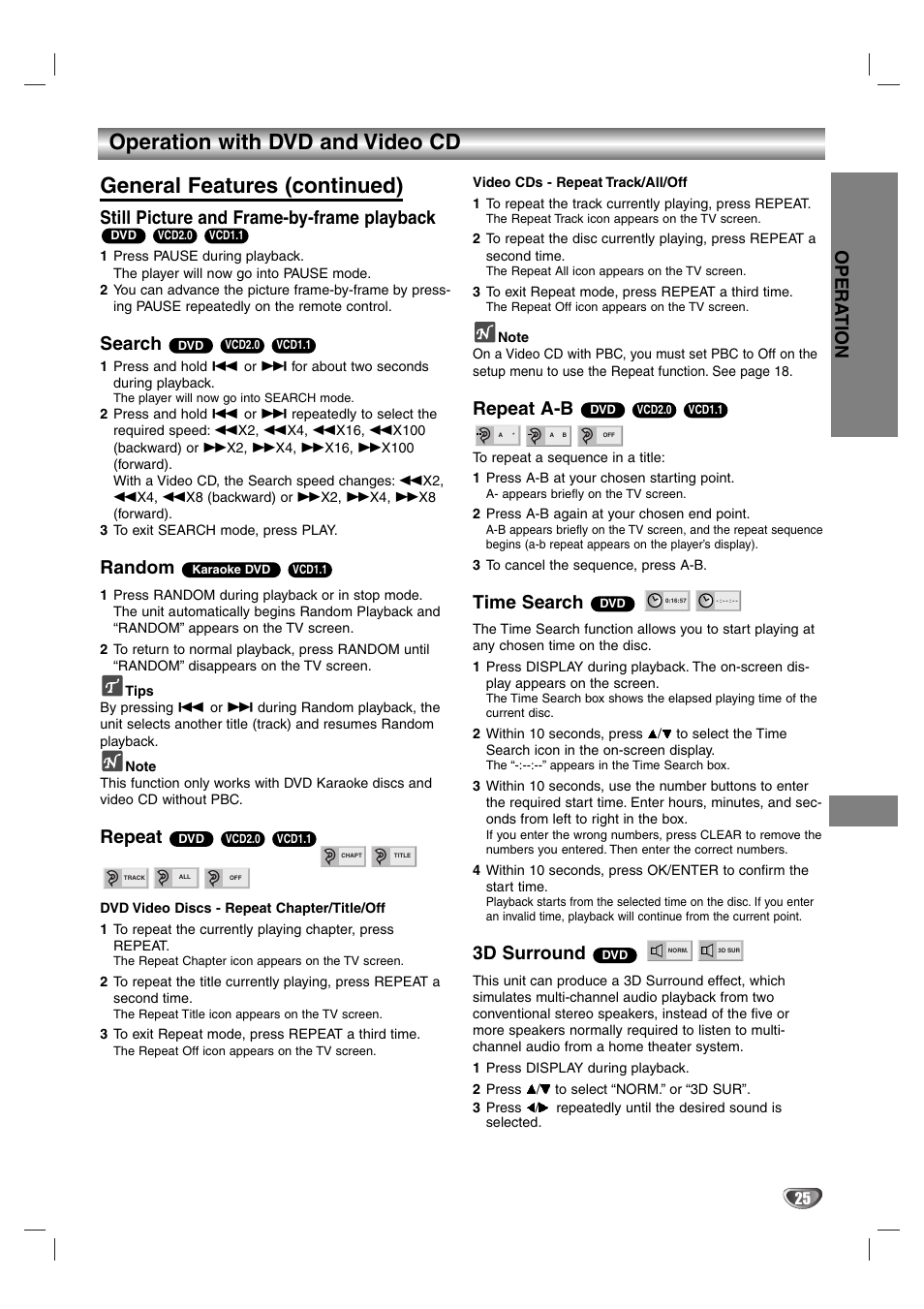 General features (continued), Still picture and frame-by-frame playback, Dv^ avcd2i^ tvlcduh | Search av^cw2m av^cw^i^i, Random, 4vcri2|^ tvcmti, Repeat a-b ®v® ivcd2u ivcduiv, Time search, 3d surround, Time search • 3d surround | Aiwa HV-DH1EH User Manual | Page 25 / 37