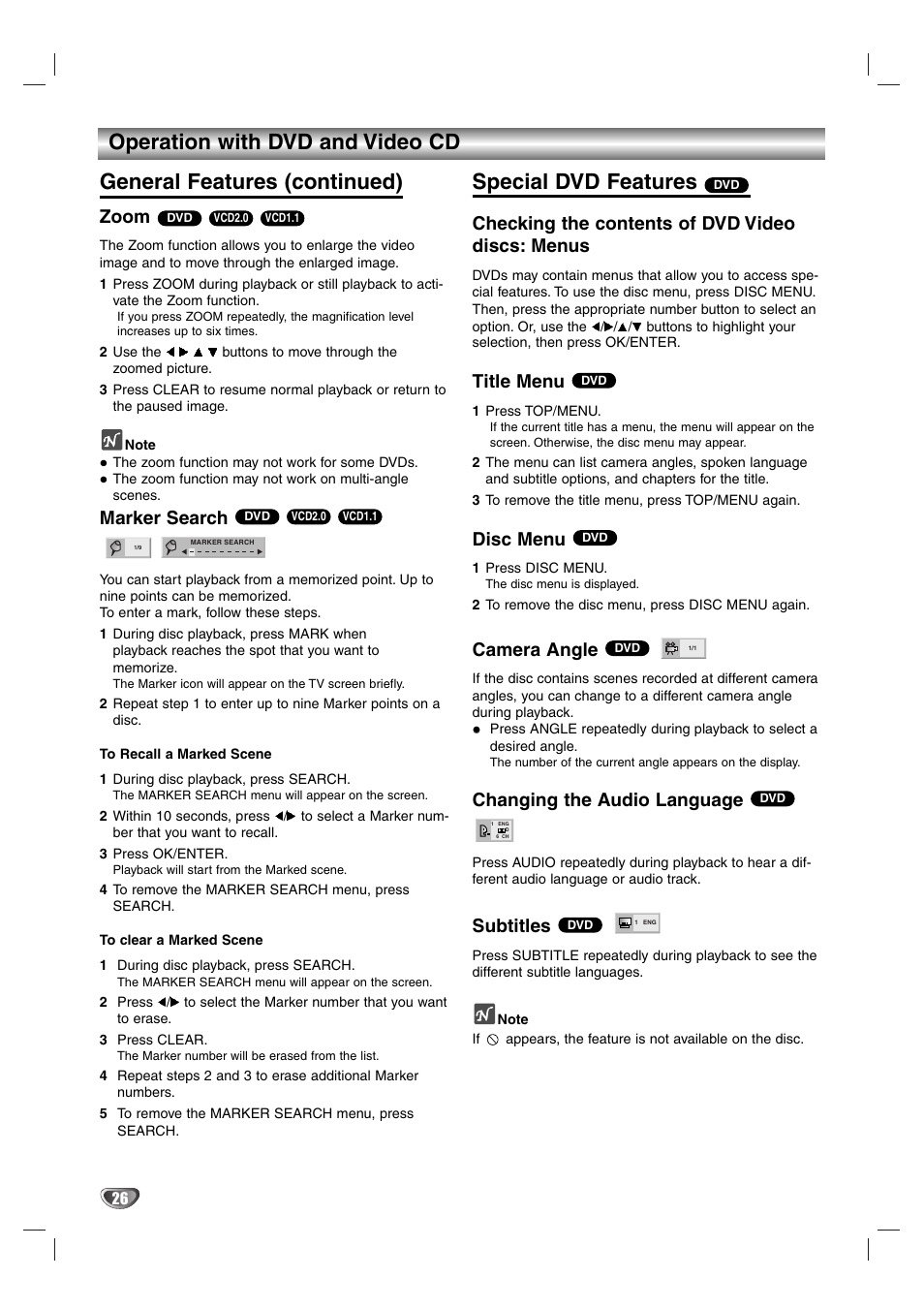 General features (continued), Zoom, Marker search | Checking the contents of dvd video discs: menus, Title menu €dv, Disc menu €dv, Camera angle, Changing the audio language, Subtitles, Title menu | Aiwa HV-DH1EH User Manual | Page 26 / 37