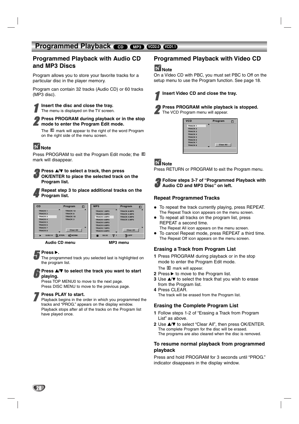 Programmed playback with audio cd and mp3 discs, Press, Press play to start | Programmed playback with video cd, 1 insert video cd and close the tray, A press program while playback is stopped, 9 note, Repeat programmed tracks, Erasing a track from program list, Erasing the complete program list | Aiwa HV-DH1EH User Manual | Page 28 / 37