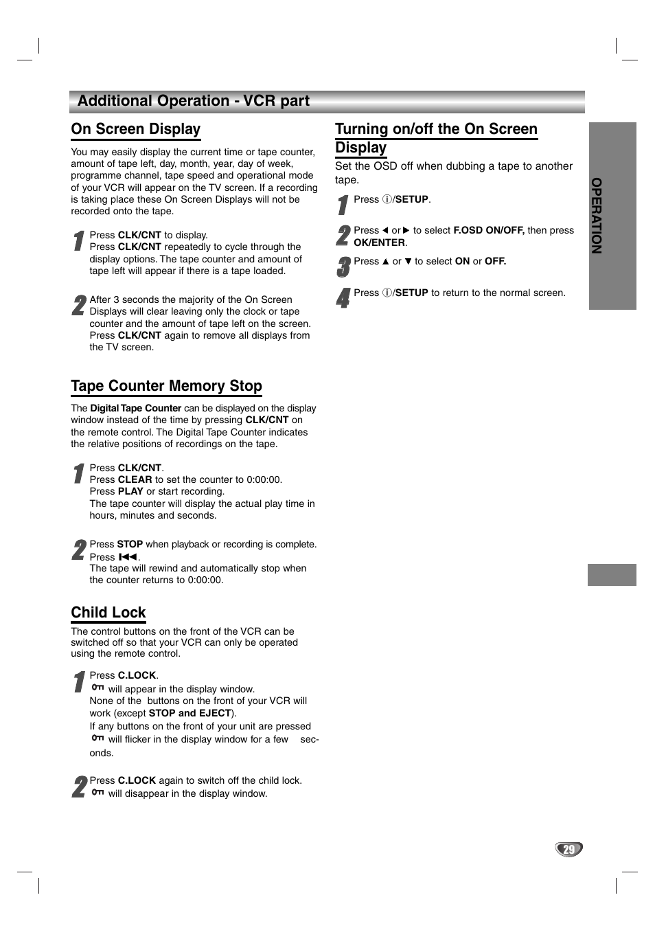 Additional operation - vcr part, On screen display, Turning on/off the on screen display | Tape counter memory stop, Child lock, Before operation - vcr part -15, On-screen display, Additional operation - vcr part on screen display | Aiwa HV-DH1EH User Manual | Page 29 / 37