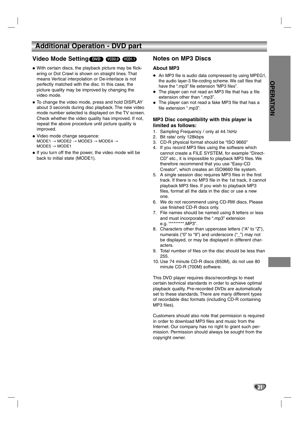 Notes on mp3 discs, About mp3, Additional operation - dvd part | Video mode settin^|sq9 flhd2ia flcdh | Aiwa HV-DH1EH User Manual | Page 31 / 37