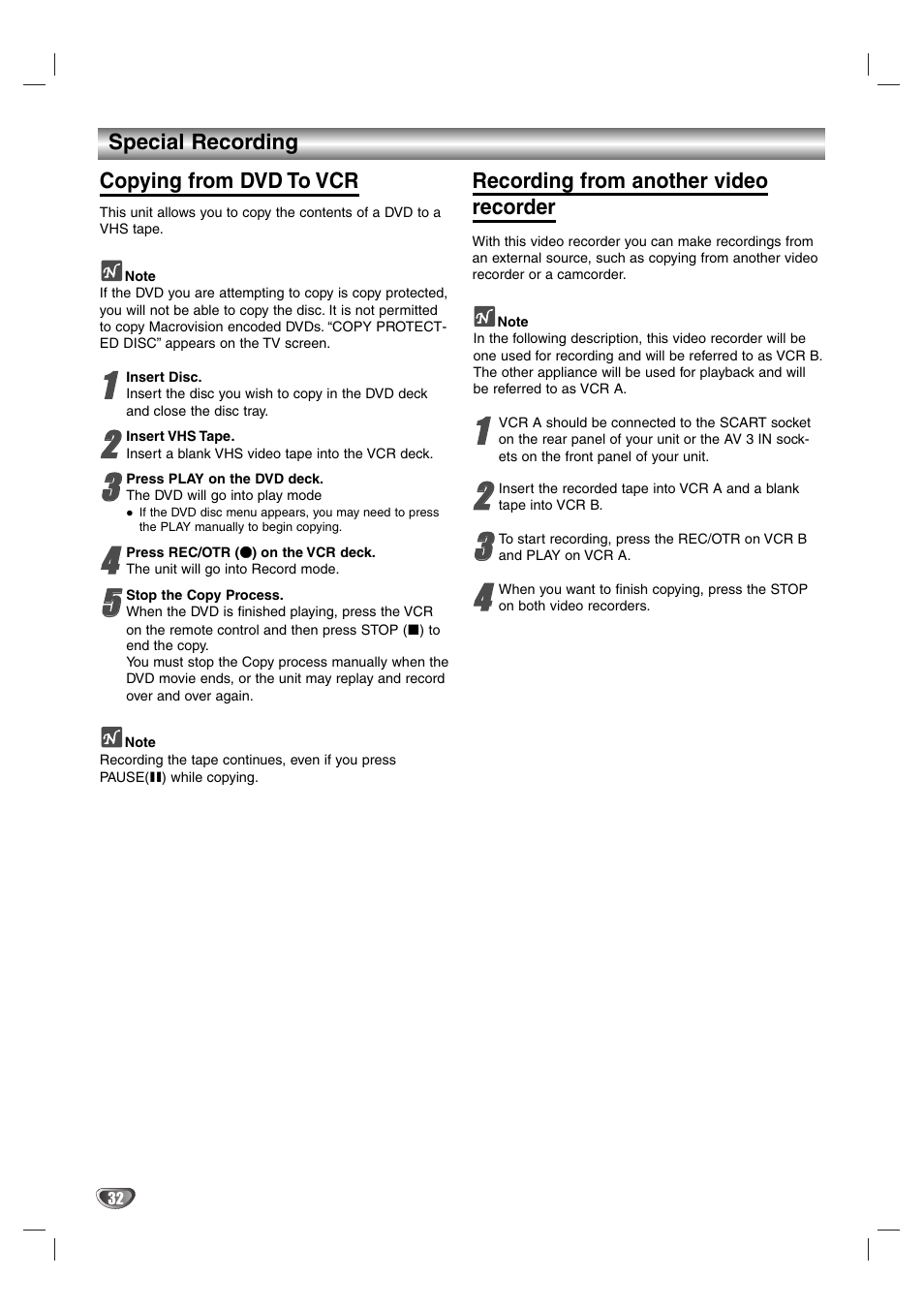 Special recording copying from dvd to vcr, 9 note, Insert disc | Press play on the dvd deck, Recording from another video recorder | Aiwa HV-DH1EH User Manual | Page 32 / 37