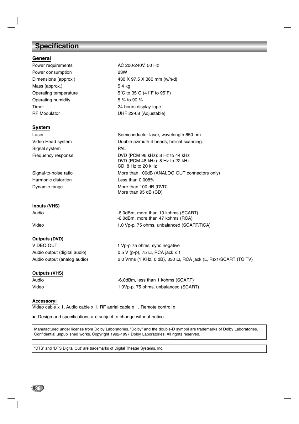 Specification | Aiwa HV-DH1EH User Manual | Page 36 / 37
