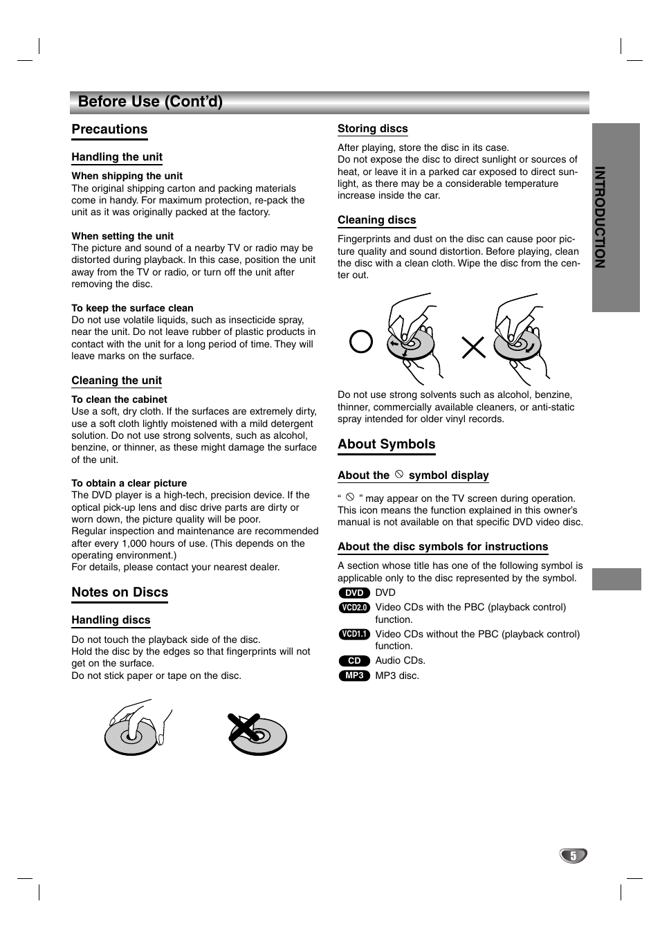 Before use (cont’d), Precautions, When setting the unit | To keep the surface clean, To clean the cabinet, To obtain a clear picture, Notes on discs, About symbols, Precautions notes on discs | Aiwa HV-DH1EH User Manual | Page 5 / 37