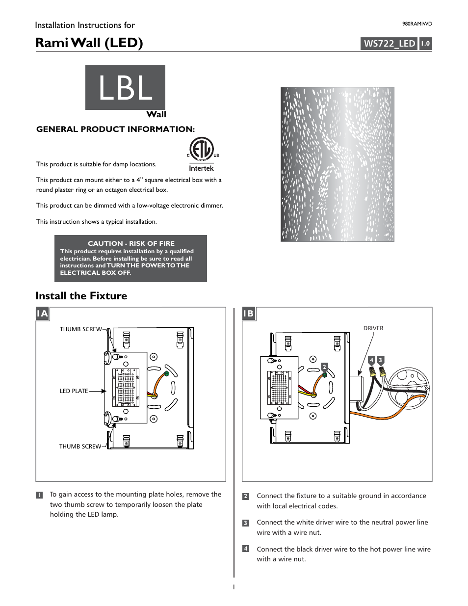 LBL Lighting Rami  W User Manual | 2 pages