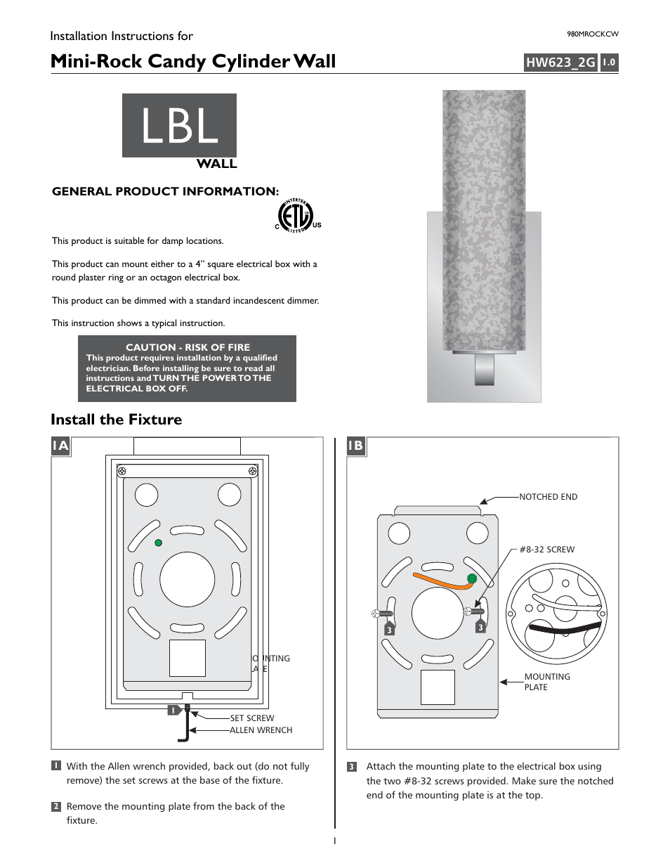 LBL Lighting Mini-Rock Candy Cylinder User Manual | 4 pages
