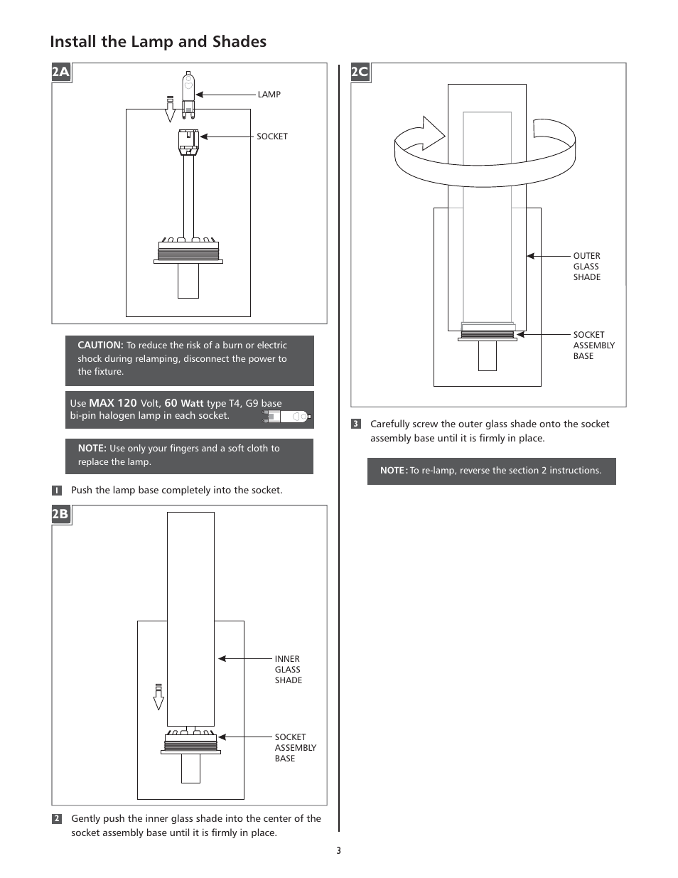 Install the lamp and shades, 2a 2b | LBL Lighting Mini-Rock Candy Cylinder User Manual | Page 3 / 4