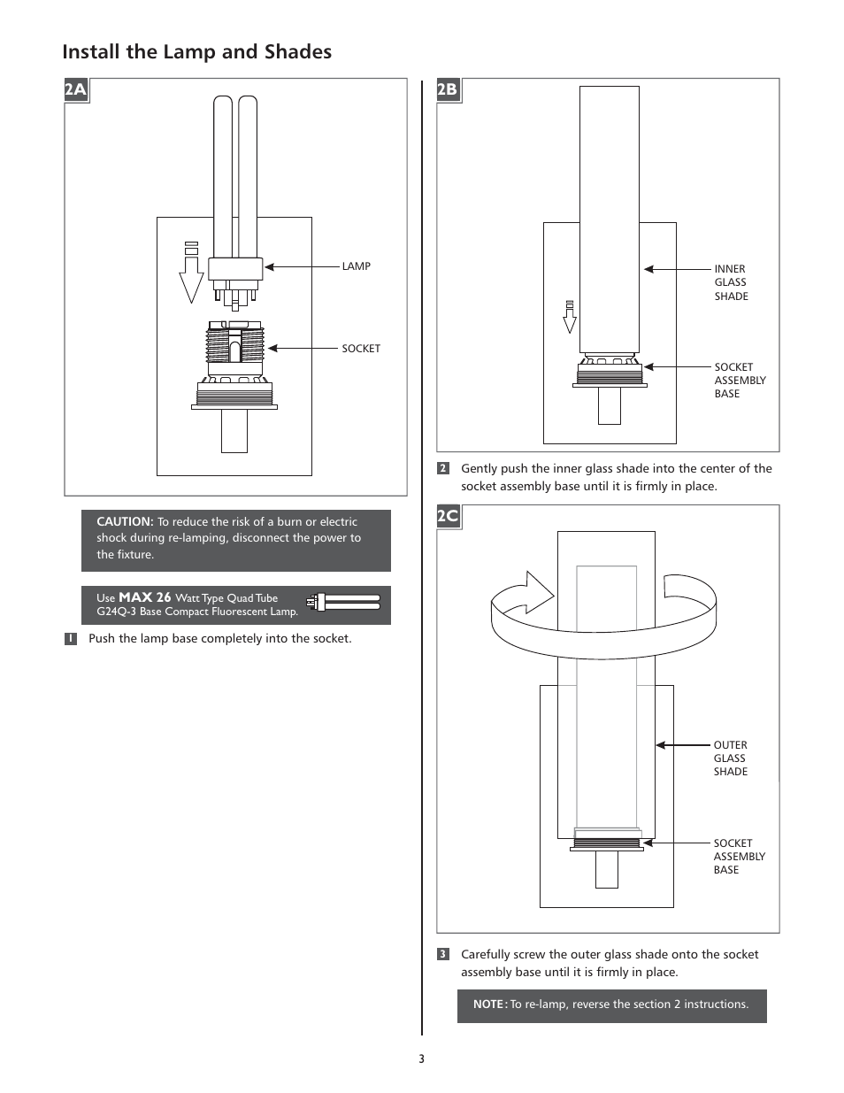 Install the lamp and shades, 2a 2c | LBL Lighting Mini-Rock Candy Cylinder Wall User Manual | Page 3 / 4