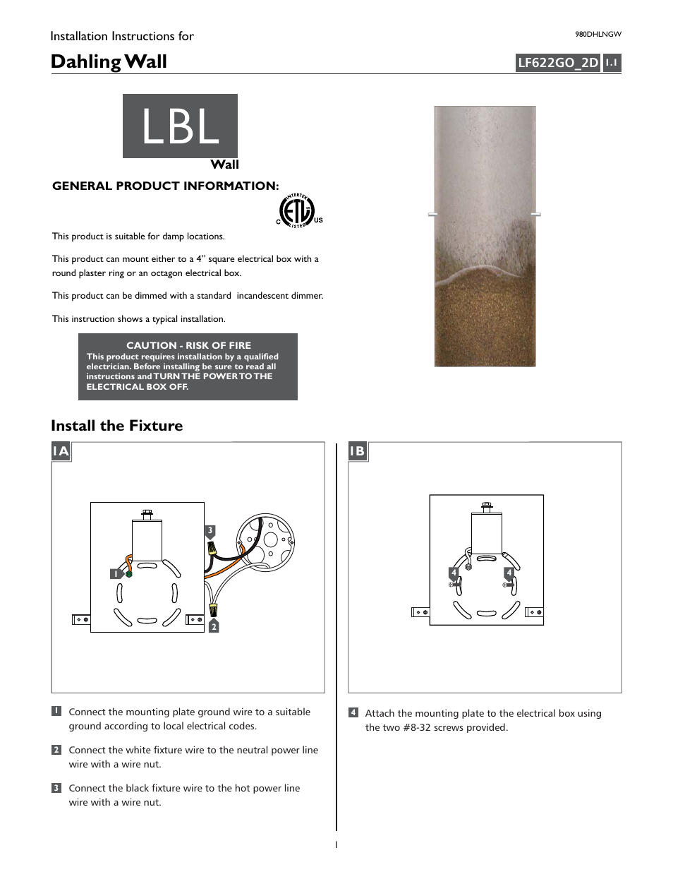 LBL Lighting Dahling  W User Manual | 2 pages