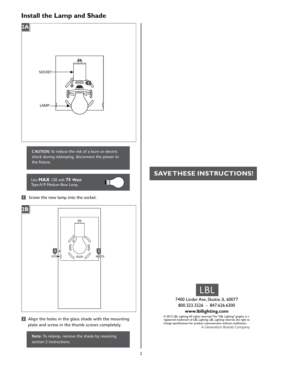 Install the lamp and shade, Save these instructions | LBL Lighting Dahling  W User Manual | Page 2 / 2