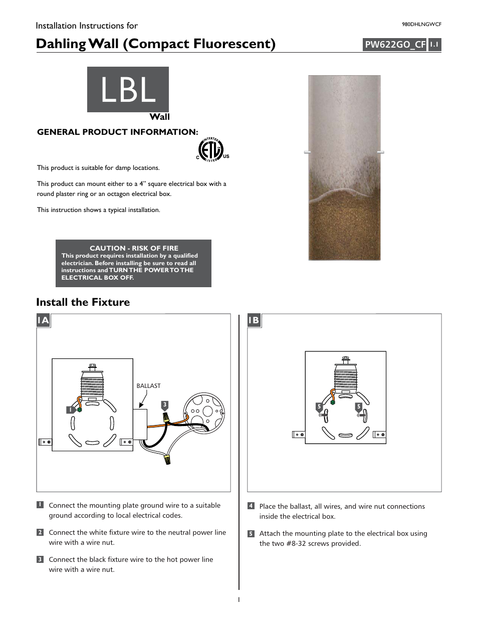 LBL Lighting Dahling  WCF User Manual | 2 pages