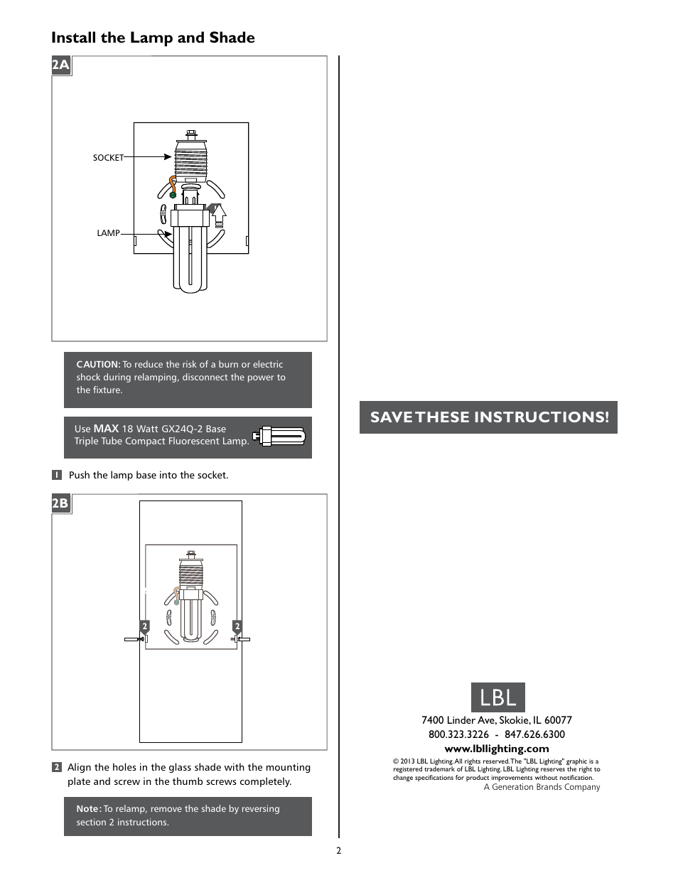 Install the lamp and shade, Save these instructions | LBL Lighting Dahling  WCF User Manual | Page 2 / 2