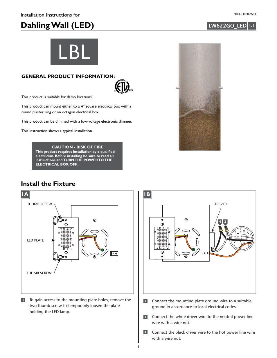 LBL Lighting Dahling  W D User Manual | 2 pages