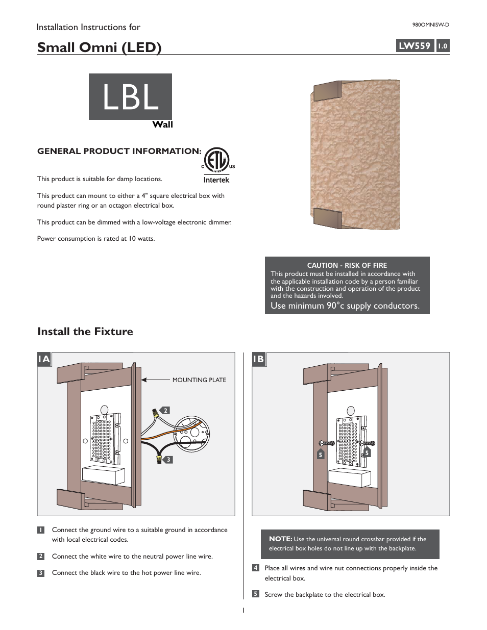 LBL Lighting Omni w/Cover Small LED User Manual | 2 pages