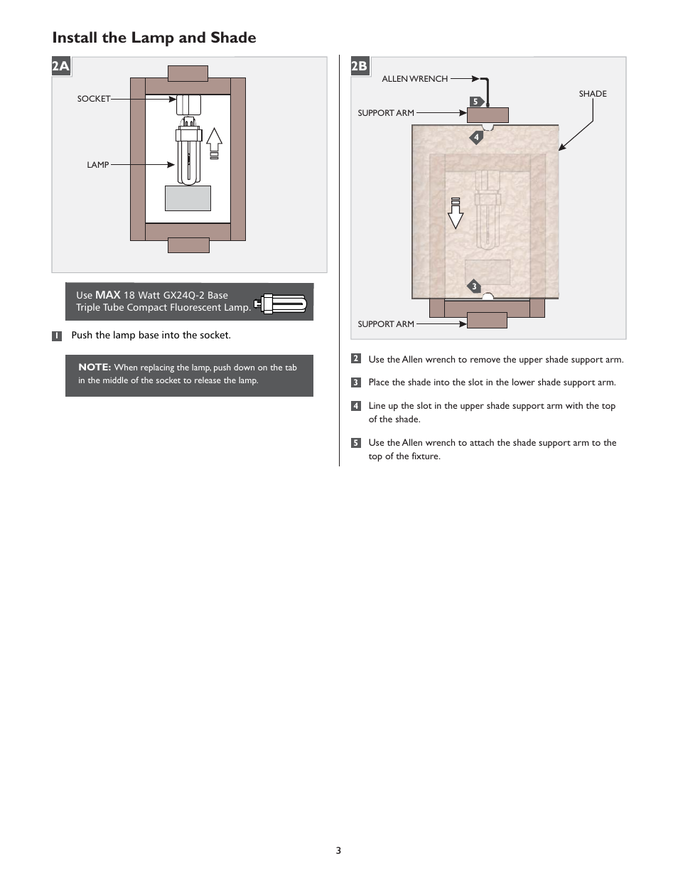 Install the lamp and shade, 2b 2a | LBL Lighting Omni w/Cover Small CF User Manual | Page 3 / 4