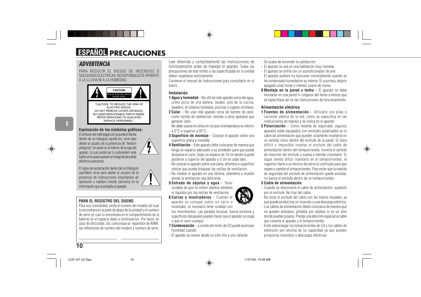 Español, Precauciones, 10 e | Advertencia | Aiwa LCX-107 User Manual | Page 10 / 26