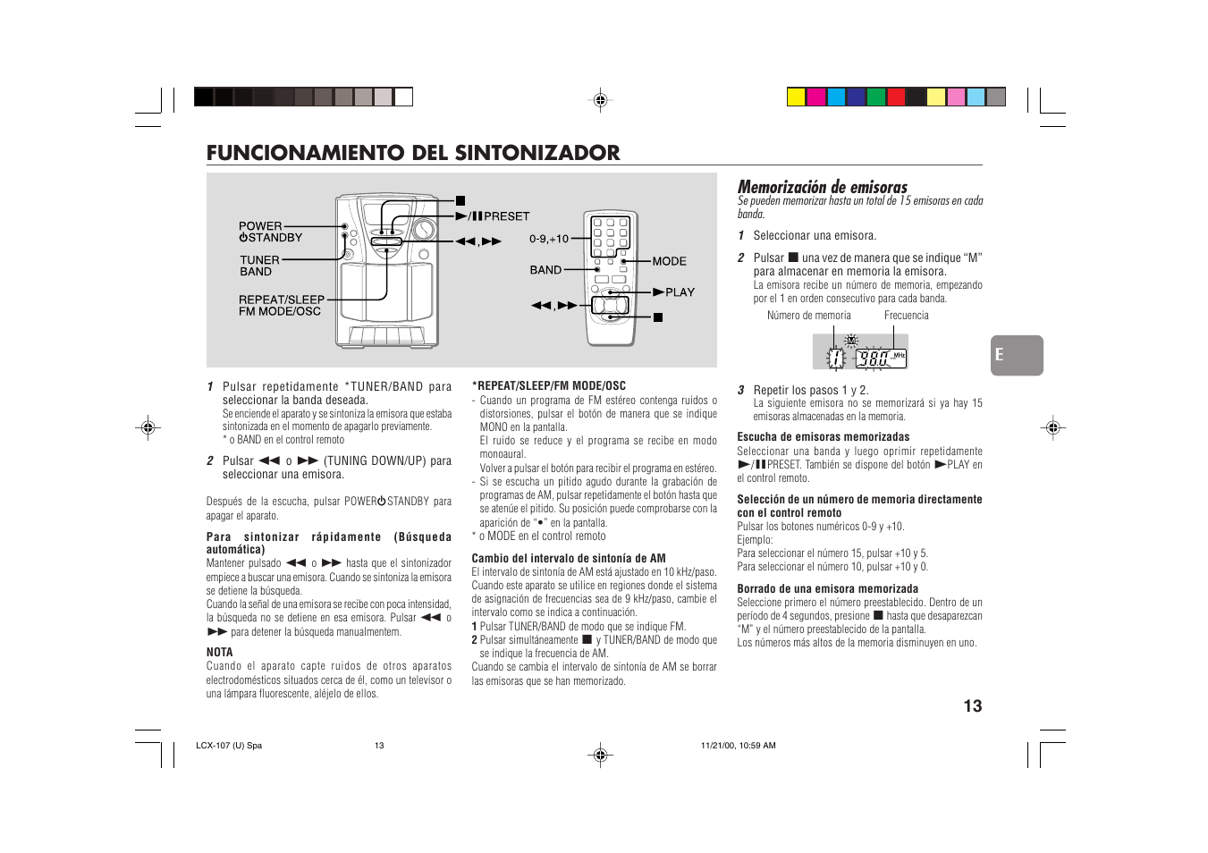 Funcionamiento del sintonizador | Aiwa LCX-107 User Manual | Page 13 / 26