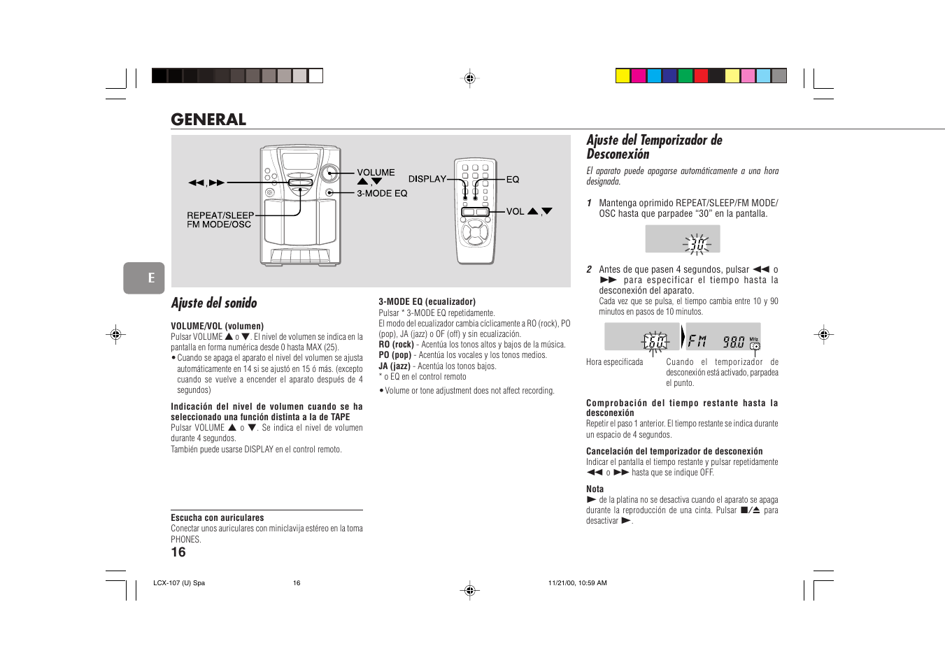 General, Ajuste del sonido, Ajuste del temporizador de desconexión | Aiwa LCX-107 User Manual | Page 16 / 26