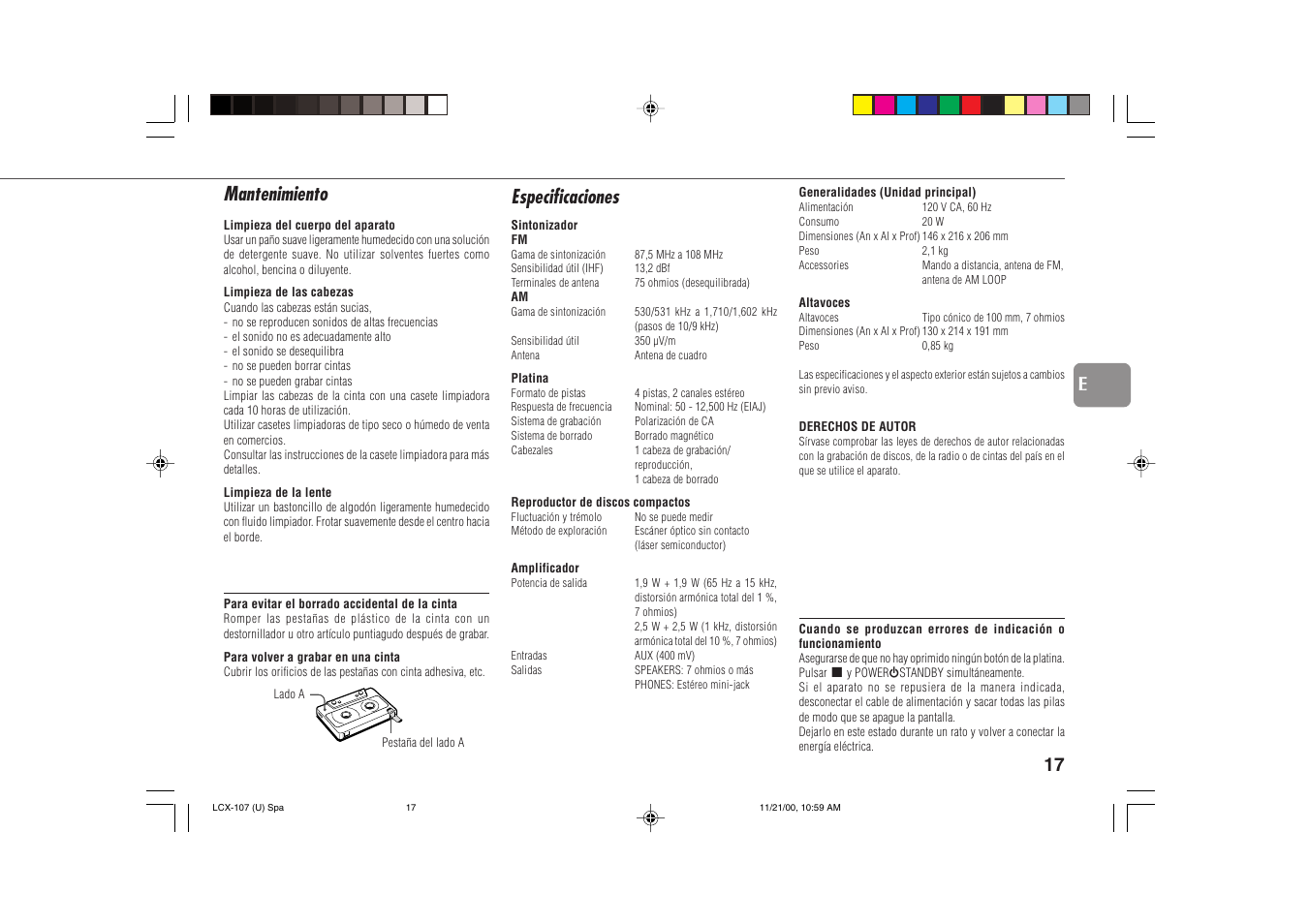 Mantenimiento, Especificaciones | Aiwa LCX-107 User Manual | Page 17 / 26