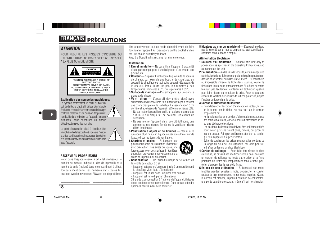 Français, Précautions, Attention | 18 f | Aiwa LCX-107 User Manual | Page 18 / 26