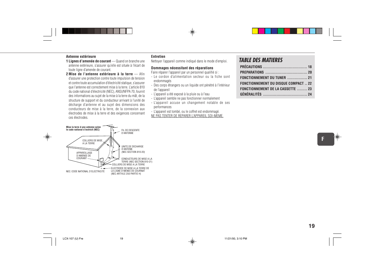 Table des matieres, 19 f | Aiwa LCX-107 User Manual | Page 19 / 26