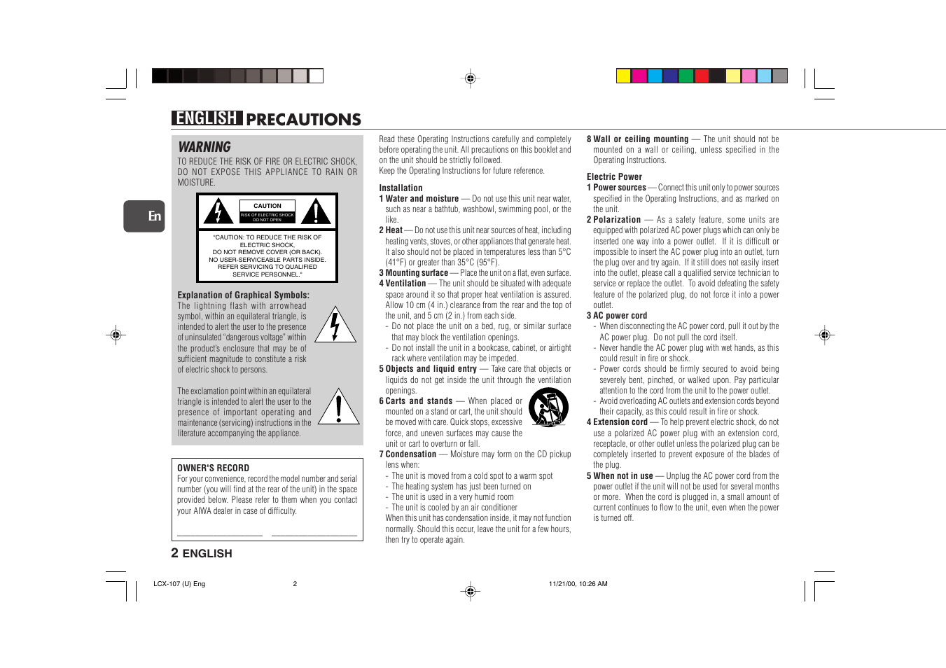 English, Precautions, Warning | Aiwa LCX-107 User Manual | Page 2 / 26