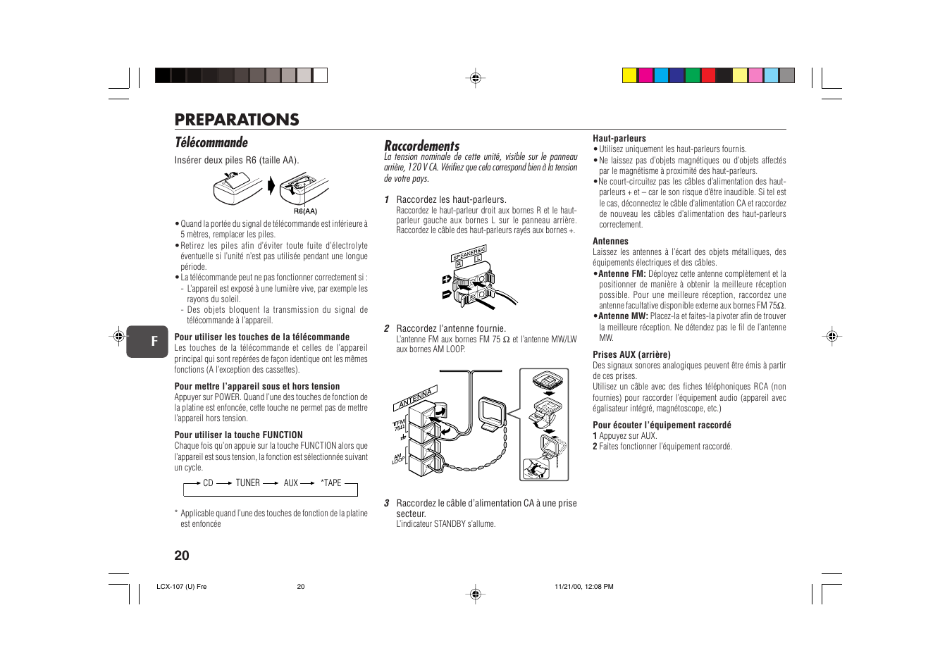 Preparations, Télécommande, Raccordements | 20 f | Aiwa LCX-107 User Manual | Page 20 / 26