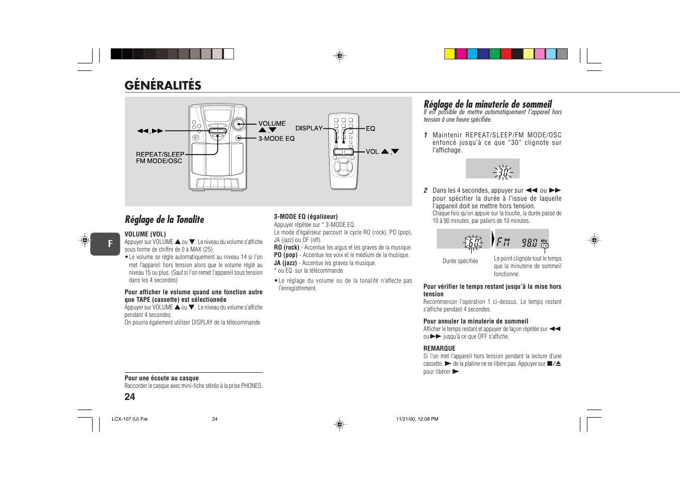 Généralités, Réglage de la tonalite, Réglage de la minuterie de sommeil | Aiwa LCX-107 User Manual | Page 24 / 26