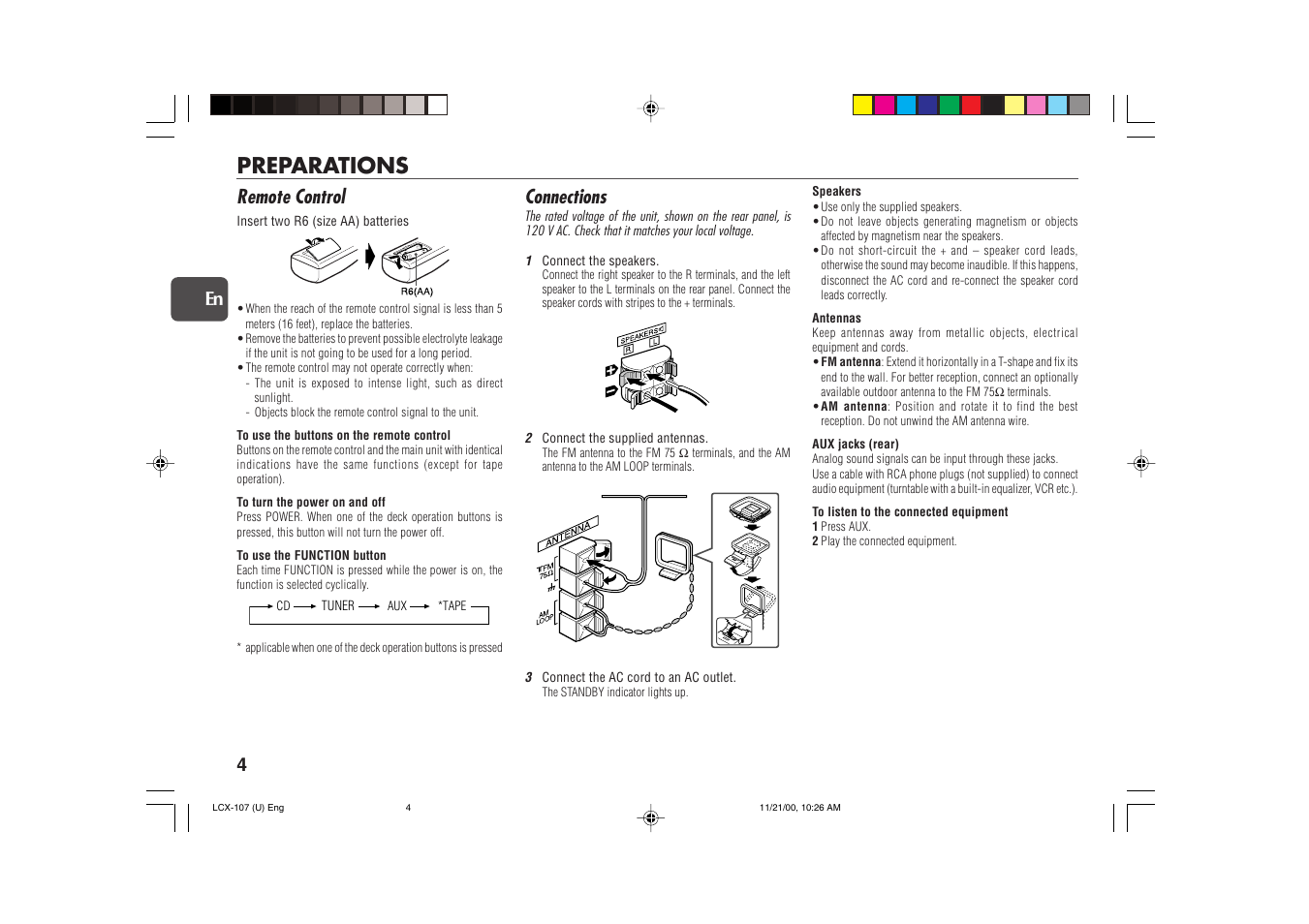 Preparations, Remote control, Connections | Aiwa LCX-107 User Manual | Page 4 / 26